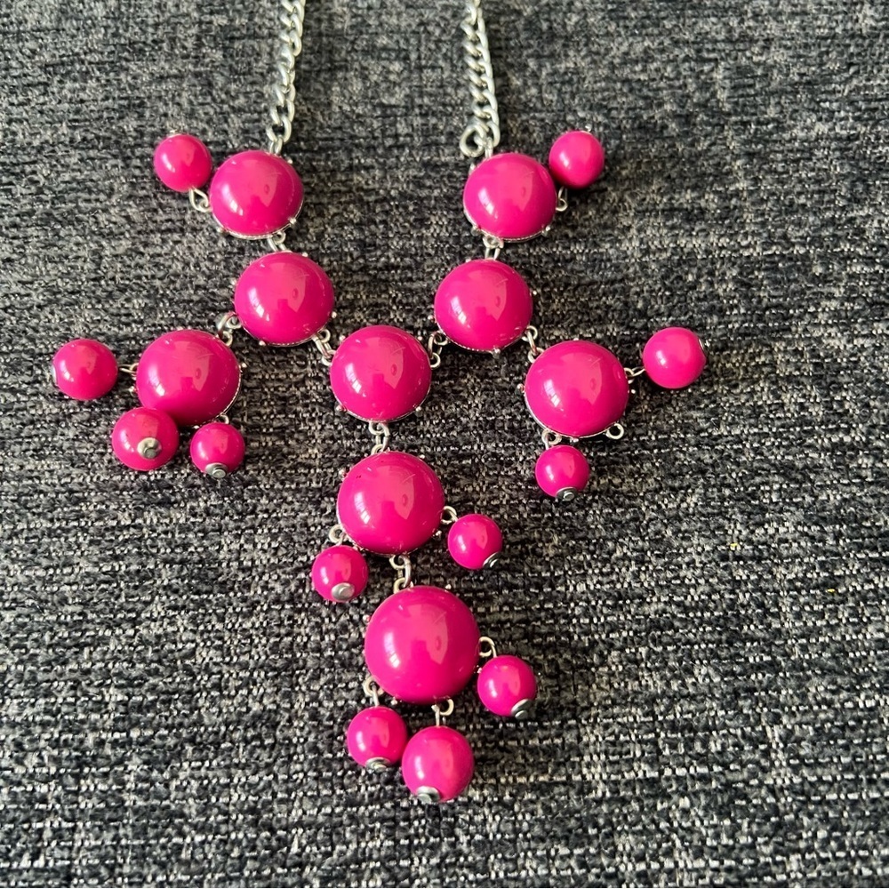 Statement Cross Necklace Hot Pink Beaded Silver Tone Bold Fashion Jewelry